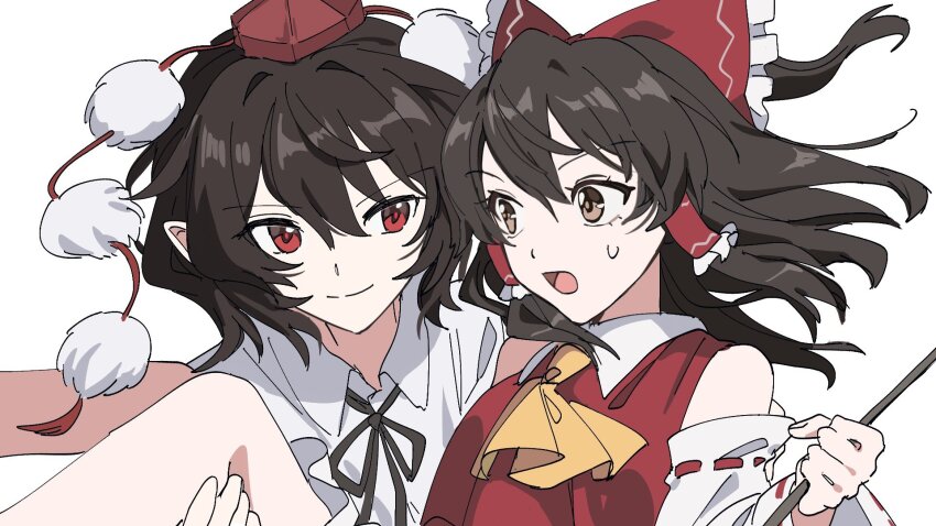 2girls ascot bow brown_eyes brown_hair carrying carrying_person closed_mouth collared_shirt detached_sleeves frilled_bow frilled_hair_tubes frills gohei hair_bow hair_tubes hakurei_reimu hat highres holding holding_gohei long_hair multiple_girls neck_ribbon open_mouth pointy_ears pom_pom_(clothes) princess_carry red_bow red_eyes ribbon ribbon-trimmed_sleeves ribbon_trim shameimaru_aya shirt simple_background smile sweatdrop tokin_hat touhou uehara_suiyo white_background white_shirt yuri