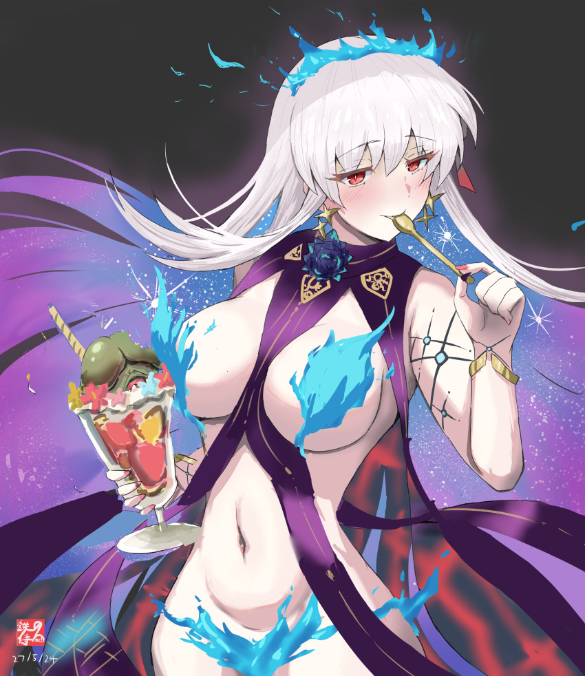 1girl absurdres bare_shoulders blue_fire blue_hair blush body_markings bracelet breasts colored_inner_hair cup earrings fate/grand_order fate_(series) fire flower food hair_ornament hair_ribbon highres jewelry kama_(fate) kama_(swimsuit_avenger)_(fate) kama_(swimsuit_avenger)_(third_ascension)_(fate) large_breasts long_hair looking_at_viewer lotus mara_(megami_tensei) multicolored_hair navel parfait red_eyes revealing_clothes ribbon shin_megami_tensei smile spoon star_(symbol) star_earrings tetsu_no_samurai two-tone_hair white_hair