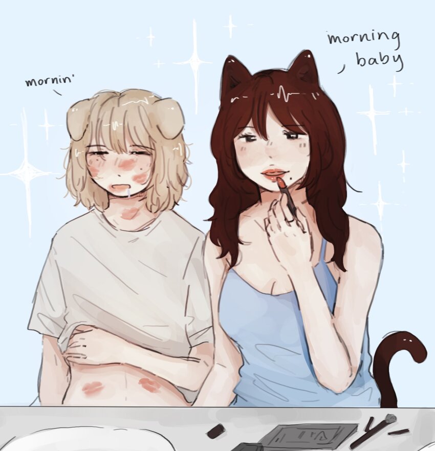 2girls aespa animal_ears applying_makeup blue_background blue_camisole brown_hair camisole cat_ears cat_girl cat_tail closed_eyes clothes_lift commentary cosmetics delusional965 dog_ears dog_girl dog_tail drooling english_commentary english_text grey_shirt highres holding holding_lipstick_tube k-pop karina_(aespa) kemonomimi_mode lipstick_mark lipstick_mark_on_face lipstick_mark_on_stomach lipstick_tube long_hair multiple_girls open_mouth parted_lips real_life red_lips saliva shirt shirt_lift short_hair short_sleeves simple_background smile sparkle tail winter_(aespa) yuri