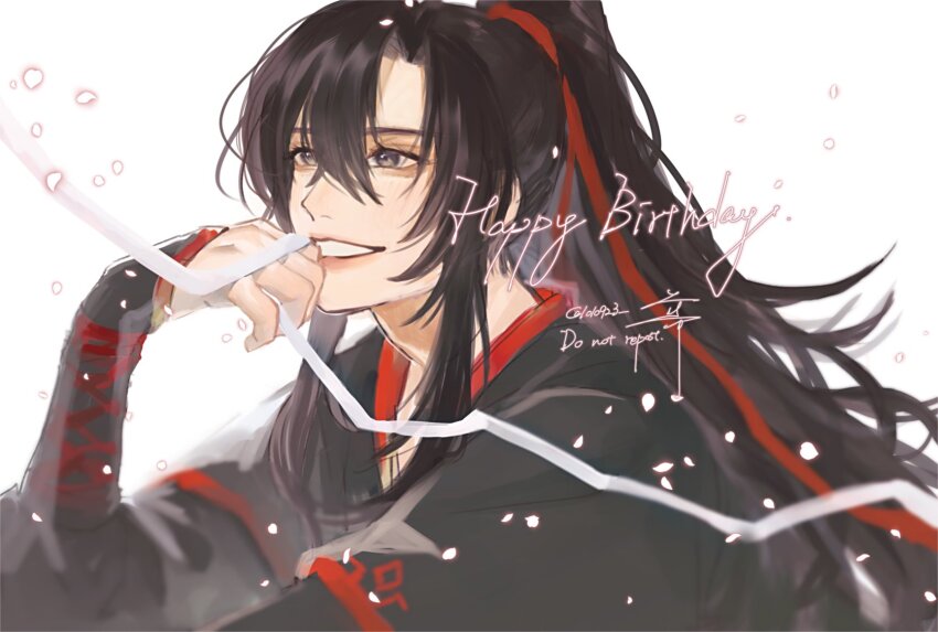 1010923 1boy bishounen black_hair black_hanfu chinese_clothes dated falling_petals grey_eyes grin hair_between_eyes hair_ribbon hand_on_own_face hanfu happy_birthday highres holding holding_ribbon implied_yaoi long_hair male_focus modao_zushi petals ponytail red_ribbon ribbon robe sidelocks simple_background sleeves_past_wrists smile solo twitter_username upper_body watermark wei_wuxian white_background white_ribbon wide_sleeves