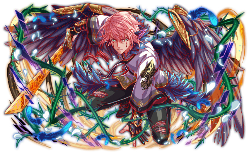 arm_armor artist_request beads black_footwear black_gloves black_pants black_wings blue_feathers closed_mouth crash_fever ear_wings facial_mark feathers fingernails full_body game_cg gloves gradient_feathers green_eyes holding holding_sword holding_weapon horizontal-striped_sleeves jacket kneeling light_particles long_sleeves looking_at_viewer multicolored_collar official_art outline pants partially_fingerless_gloves pink_hair plant red_outline saradoryeong saturated serious single_horizontal_stripe solo spikes square square_print sword tachi-e tassel teeth torn_clothes torn_pants transparent_background vines weapon white_jacket white_petals white_sleeves wide_sleeves wings