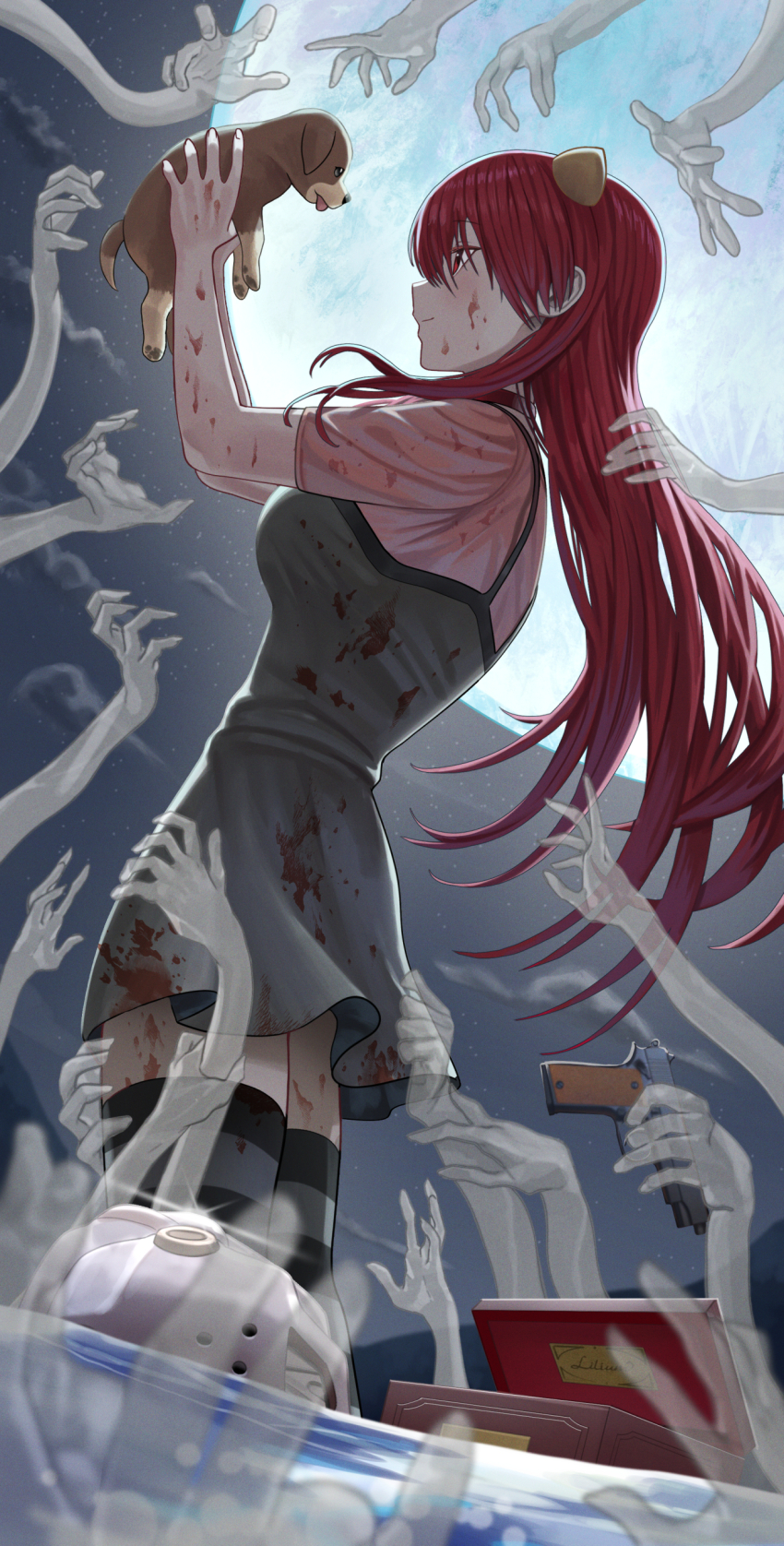 1girl absurdres baby_animal blood blood_on_clothes blood_on_face breasts commentary dog dress elfen_lied full_moon gun handgun helmet highres holding horns large_breasts long_hair lucy&#039;s_puppy lucy_(elfen_lied) m1911 mask moon music_box night night_sky pistol puppy red_eyes red_hair short_sleeves silvertsuki sky smile solo striped_clothes striped_thighhighs thighhighs vectors very_long_hair weapon