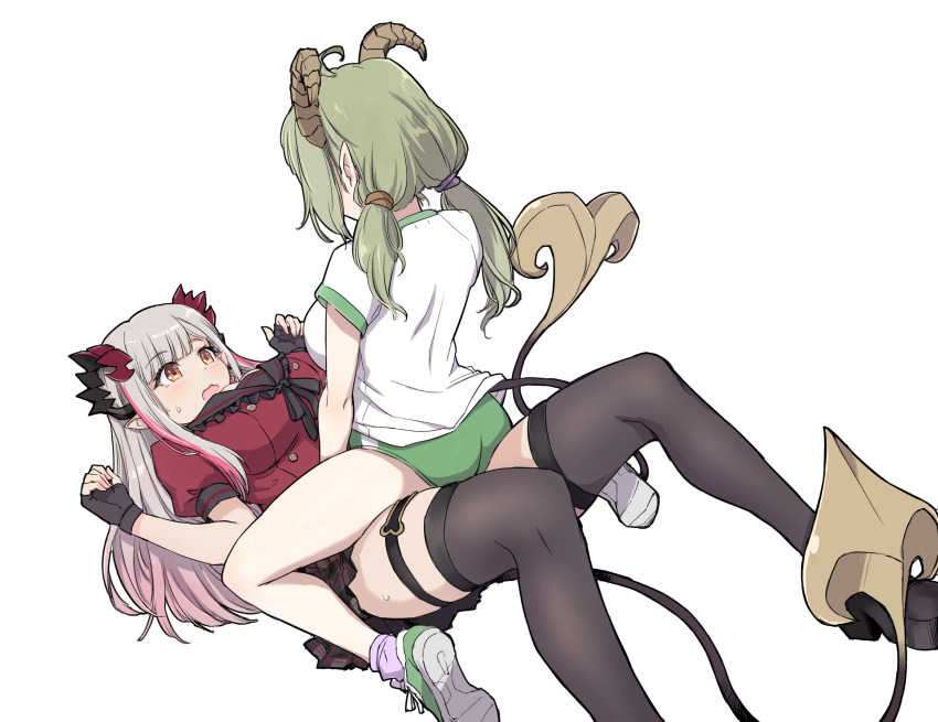 black_gloves black_sailor_collar black_skirt black_thighhighs breasts brown_horns buruma commentary_request curled_horns demon_girl demon_horns demon_tail eye_contact fingerless_gloves frilled_sailor_collar frills girl_on_top gloves gradient_hair green_buruma green_hair grey_hair gym_uniform headgear highres honey_strap horns indie_virtual_youtuber jyaco large_breasts looking_at_another multicolored_hair nanashi_inc. orange_eyes pink_hair plaid_clothes plaid_skirt pleated_skirt pointy_ears puffy_short_sleeves puffy_sleeves red_horns red_shirt sailor_collar school_uniform sekishiro_mico shirt short_sleeves simple_background skirt straddling suou_patra suou_patra_(8th_costume) tail textless_version thigh_strap thighhighs transparent_background virtual_youtuber