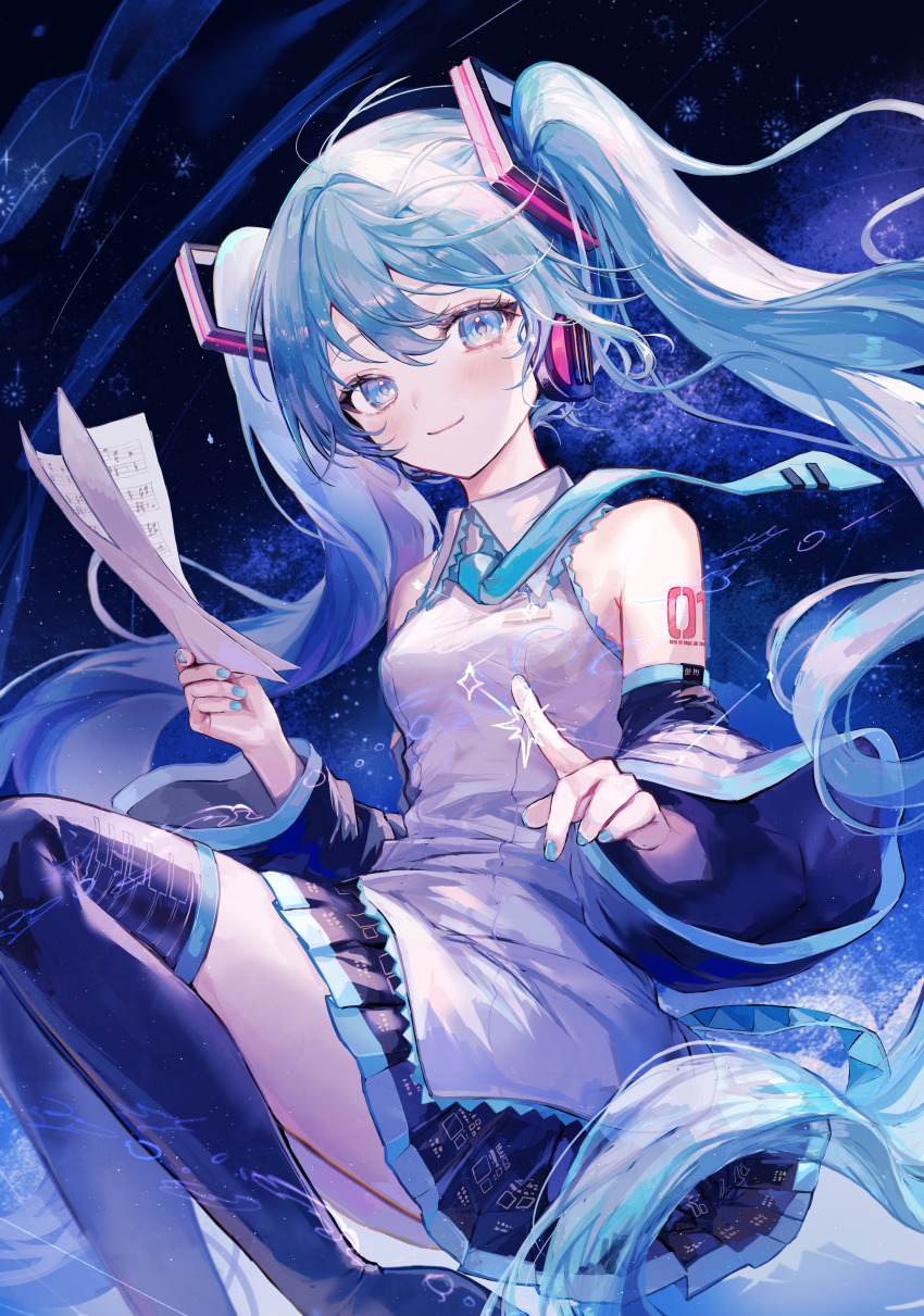 1girl absurdres black_skirt black_sleeves black_thighhighs blue_eyes blue_hair blue_nails blue_necktie breasts closed_mouth collared_shirt detached_sleeves feet_out_of_frame fingernails floating frilled_shirt_collar frills hatsune_miku highres holding holding_paper light_blush long_hair long_sleeves looking_at_viewer medium_breasts miku_day miniskirt necktie paper pipi_(pipinavigation) pleated_skirt sheet_music shirt skirt sleeveless sleeveless_shirt smile solo thighhighs very_long_hair vocaloid white_shirt wing_collar