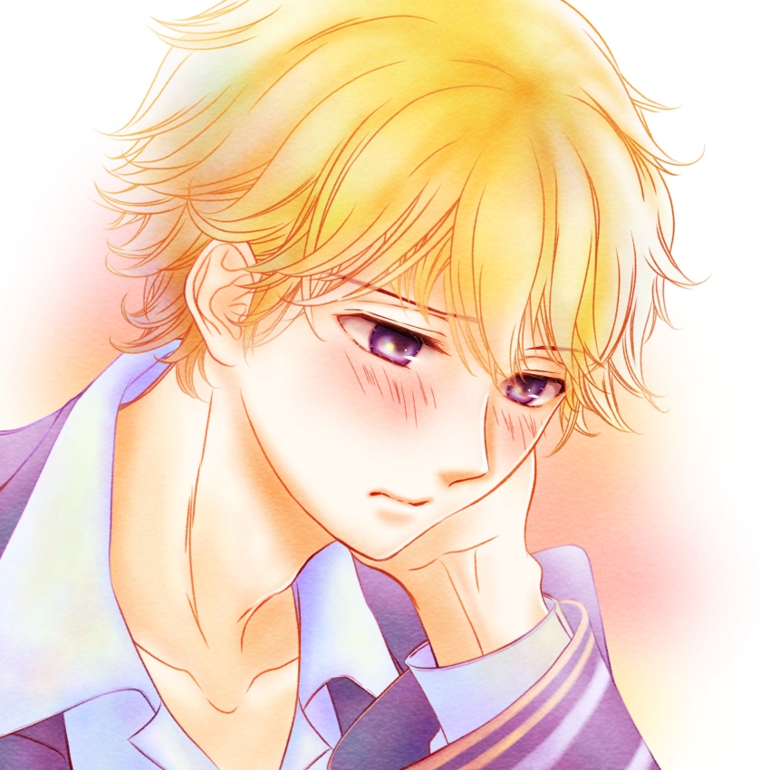 1boy adam&#039;s_apple azu_rin_go blonde_hair blush bokujou_monogatari bokujou_monogatari:_mittsu_no_sato_no_taisetsuna_tomodachi closed_mouth collarbone collared_shirt embarrassed hair_between_eyes hand_on_own_cheek hand_on_own_face highres jacket long_sleeves male_focus portrait purple_eyes purple_jacket raised_eyebrow red_background shirt short_hair simple_background solo wayne_(bokujou_monogatari) white_background white_shirt wing_collar