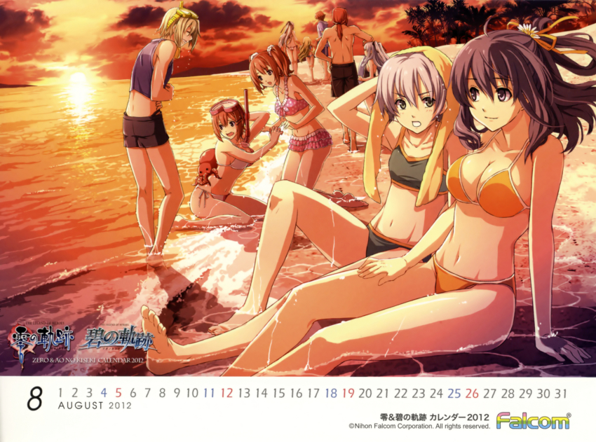10s 2012 3boys 6+girls ao_no_kiseki arm_support ass august back barefoot beach bikini bikini_skirt black_hair breasts brown_hair butt_crack calendar character_request cleavage company_name copyright_name diving_mask eiyuu_densetsu elie_macdowell enami_katsumi falcom fran_seeker frilled_bikini frills goggles green_bikini green_hair grey_hair half_updo height_difference highres kea kea_(eiyuu_densetsu) large_breasts lloyd_bannings long_hair medium_breasts multiple_boys multiple_girls navel noel_seeker octopus official_art official_wallpaper orange_background orange_bikini partially_submerged ponytail randolph_orlando red_hair rixia_mao short_hair shorts side-tie_bikini_bottom sitting small_breasts snorkel summer sunset swimsuit tio_plato topless_male twintails water wazy_hemisphere zero_no_kiseki