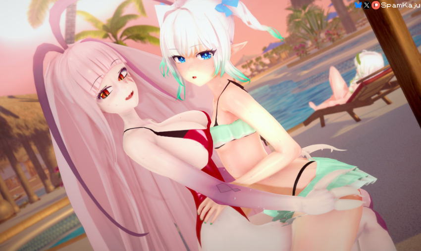 3d 3girls arched_back arthropod_girl ass beach_chair bikini blue_eyes bow bowtie breast_press breasts cockroach_girl crossed_legs fangs female_focus frilled_skirt frills ghost_girl green_hair height_difference highres indie_virtual_youtuber koikatsu_(medium) laimu_(vtuber) large_breasts looking_at_viewer matara_kan mint_fantome multicolored_hair multiple_girls nail_polish one-piece_swimsuit outdoors pale_skin palm_tree people pink_eyes pool poolside red_eyes sharp_teeth sideboob sitting sitting_on_lap sitting_on_person size_difference skirt small_breasts smile spamkaju swimsuit teeth thighs tree twintails two-tone_hair virtual_youtuber vshojo waist_grab water white_hair