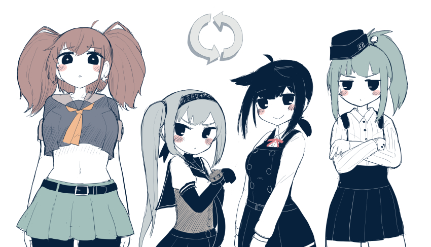 4girls atlanta_(kancolle) atlanta_(kancolle)_(cosplay) belt black_bodysuit black_hair black_headband blush bodysuit breasts brown_hair clothes_writing cosplay costume_switch crop_top crossed_arms dress earrings garrison_cap green_eyes grey_hair hachimaki hair_flaps hat hatsuzuki_(kancolle) hatsuzuki_(kancolle)_(cosplay) headband headgear high-waist_skirt highres jewelry kantai_collection kasumi_(kancolle) kasumi_(kancolle)_(cosplay) kasumi_kai_ni_(kancolle) large_breasts long_hair long_sleeves medium_breasts multiple_girls navel open_mouth pantyhose pinafore_dress ponytail sailor_collar short_sleeves side_ponytail sidelocks simoyuki simple_background single_earring skirt sleeveless sleeveless_dress smile star_(symbol) star_earrings twintails two_side_up white_background yuubari_(kancolle) yuubari_(kancolle)_(cosplay)