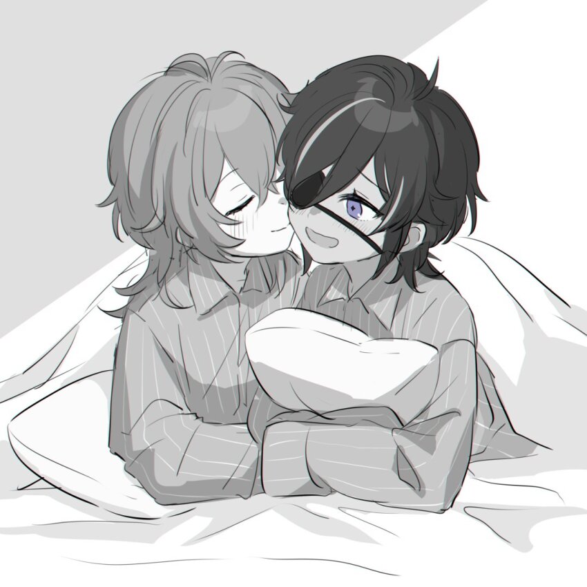 2boys :d aged_down antenna_hair bed_sheet blue_eyes blush brothers cheek-to-cheek child closed_eyes closed_mouth collared_shirt commentary_request crossed_bangs dark-skinned_male dark_skin diluc_(genshin_impact) eyepatch genshin_impact grey_background greyscale hair_between_eyes heads_together hugging_object kaeya_(genshin_impact) long_hair long_sleeves looking_at_another lying male_focus monochrome multicolored_hair multiple_boys noma_(noma3g) nuzzle on_stomach one_eye_covered open_mouth pajamas parted_bangs pillow pillow_hug shirt siblings sidelocks simple_background smile spot_color step-siblings streaked_hair striped_clothes striped_pajamas striped_shirt swept_bangs two-tone_background u_u under_covers vertical-striped_clothes vertical-striped_pajamas vertical-striped_shirt white_background