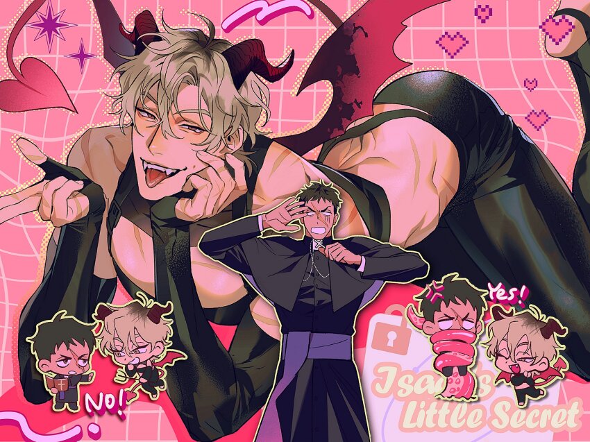 2boys alien_stage alternate_costume anger_vein bible_(object) black_pants blank_eyes blonde_hair book brown_eyes brown_hair cassock chengzhineixihuanxiaogou chibi clerical_collar commentary cross demon_boy demon_horns demon_tail demon_wings dewey_(alien_stage) english_text fangs heart highres holding holding_book holding_cross horns isaac_(alien_stage) multicolored_hair multiple_boys pants pink_background pink_tail pixel_heart priest red_horns roots_(hair) scar scar_on_face short_hair stirrup_legwear symbol-only_commentary tail tentacles toeless_legwear tongue very_short_hair wings yaoi
