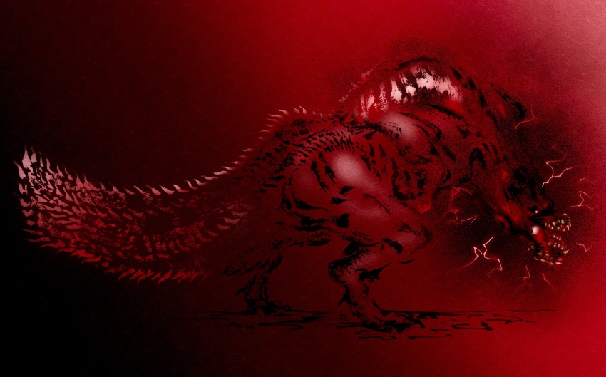 absurdres aura crackling_energy deadpool_yuchan deviljho digitigrade dinosaur dinosaur_tail from_side full_body glowing glowing_eyes glowing_mouth gradient_background highres monster_hunter_(series) no no_humans open_mouth red_eyes red_theme savage_deviljho scales sharp_teeth spiked_tail spikes standing tail teeth turning_head