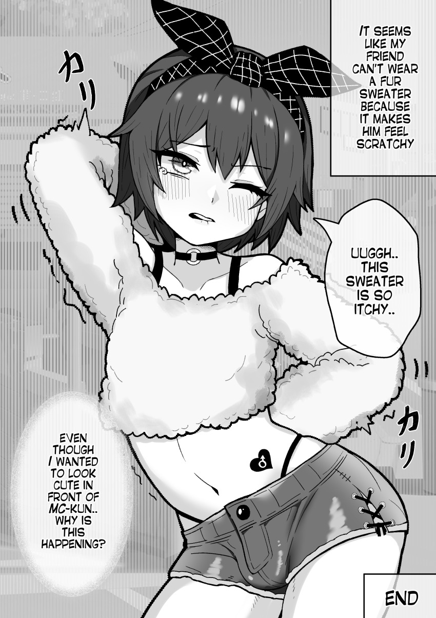 1boy absurdres arm_up arms_behind_back bare_shoulders biting_own_lip blush bow_hairband bra bulge buttons choker collarbone commentary crossdressing double-parted_bangs english_commentary english_text eyelashes fur_sweater greyscale hairband hashite_a heart highres inktober male_focus mars_symbol monochrome navel o-ring o-ring_choker one_eye_closed original raised_eyebrow scratching scratching_back shaking short_shorts shorts tearing_up teeth translation_request trap underwear upper_teeth_only