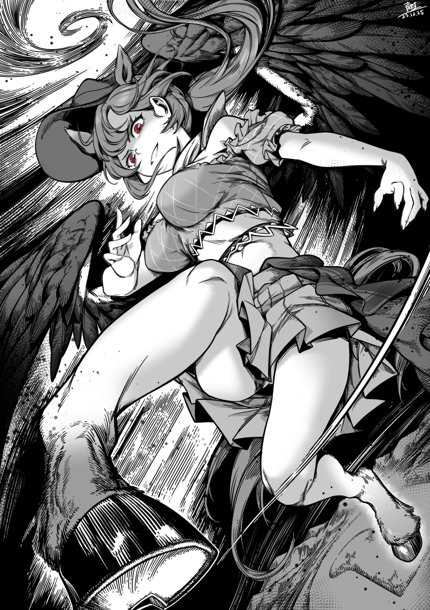 1girl animal_ears bandana breasts commentary_request extra_ears feathered_wings greyscale grin highres horse_ears kurokoma_saki limited_palette long_hair medium_breasts midriff_peek miniskirt monochrome monster_girl off-shoulder_shirt off_shoulder overskirt pegasus_wings plaid_clothes plaid_skirt pleated_skirt ponytail qingwa_chi_she red_eyes running shirt skirt smile touhou unfinished_dream_of_all_living_ghost wings