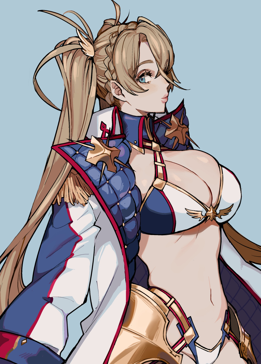 1girl absurdres armor blue_background blue_eyes bradamante_(fate) bradamante_(third_ascension)_(fate) breasts cleavage coat ennuigrl eyebrows fate/grand_order fate_(series) highres hip_armor lips looking_to_the_side medium_breasts navel unfinished winter_clothes winter_coat