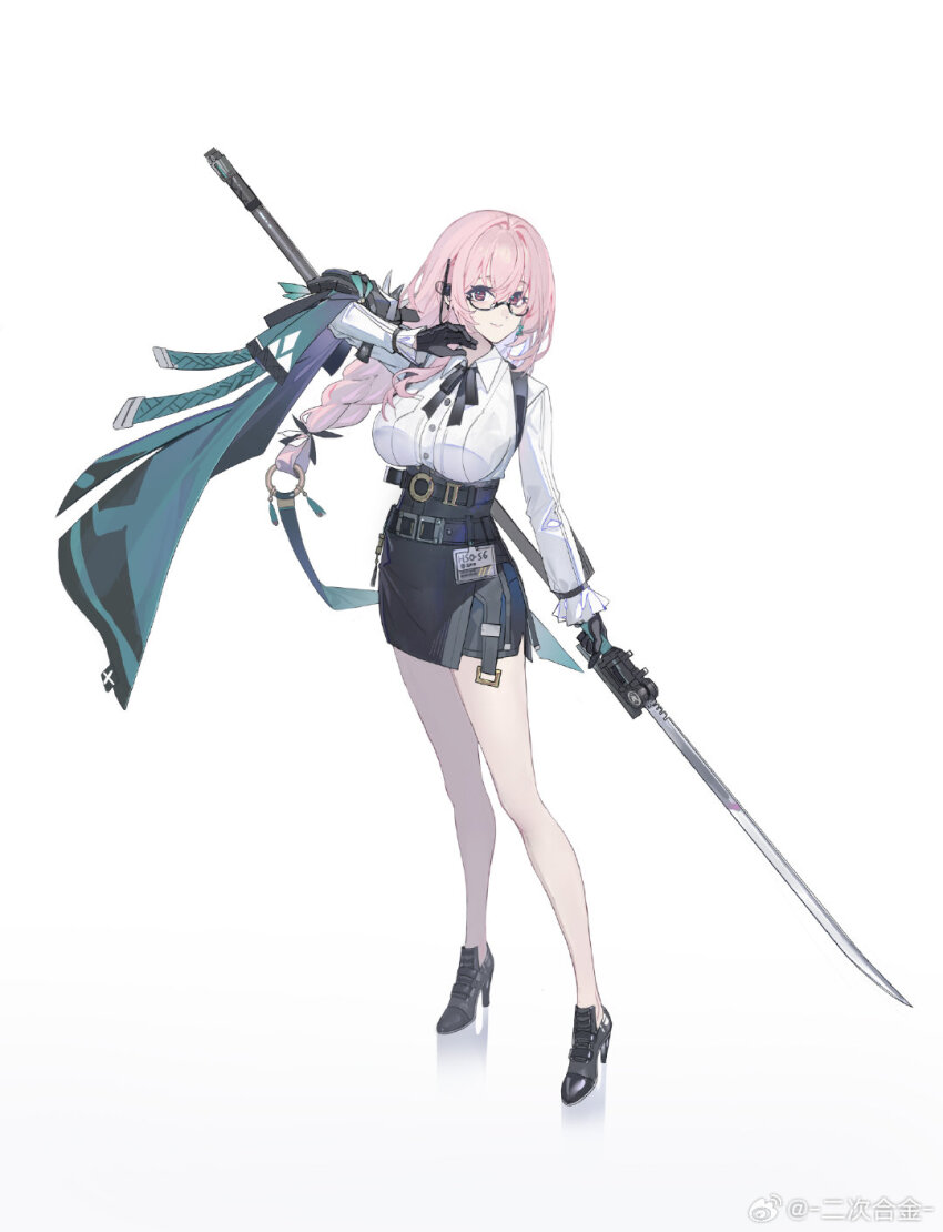 1girl black_gloves black_shoes black_skirt breasts closed_mouth commentary_request dress_shirt earrings echj full_body glasses gloves hair_between_eyes high-waist_skirt high_heels highres holding holding_polearm holding_weapon jewelry large_breasts legs long_hair looking_at_viewer naginata pencil_skirt pink_eyes pink_hair polearm ring_hair_ornament shirt shoes sidelocks skirt smile solo standing tsukishiro_yanagi watermark weapon weibo_watermark white_shirt zenless_zone_zero