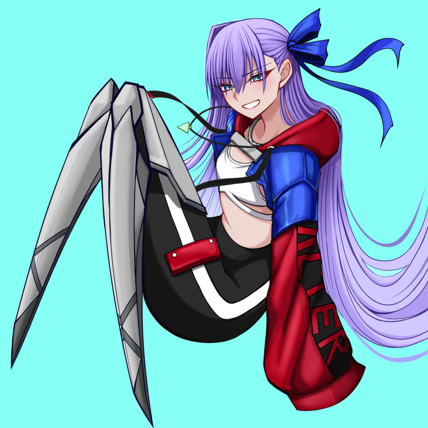 1girl absurdres black_pants blue_eyes blue_jacket blue_ribbon blush breasts fate/grand_order fate_(series) grin hair_iron highres jacket jewelry long_hair long_sleeves looking_at_viewer mcpc_zamurai meltryllis_(fate) meltryllis_(tour_outfit)_(fate) multicolored_jacket necklace pants prosthesis prosthetic_leg purple_hair red_jacket ribbon sleeves_past_fingers sleeves_past_wrists small_breasts smile solo sports_bra two-tone_jacket very_long_hair white_sports_bra