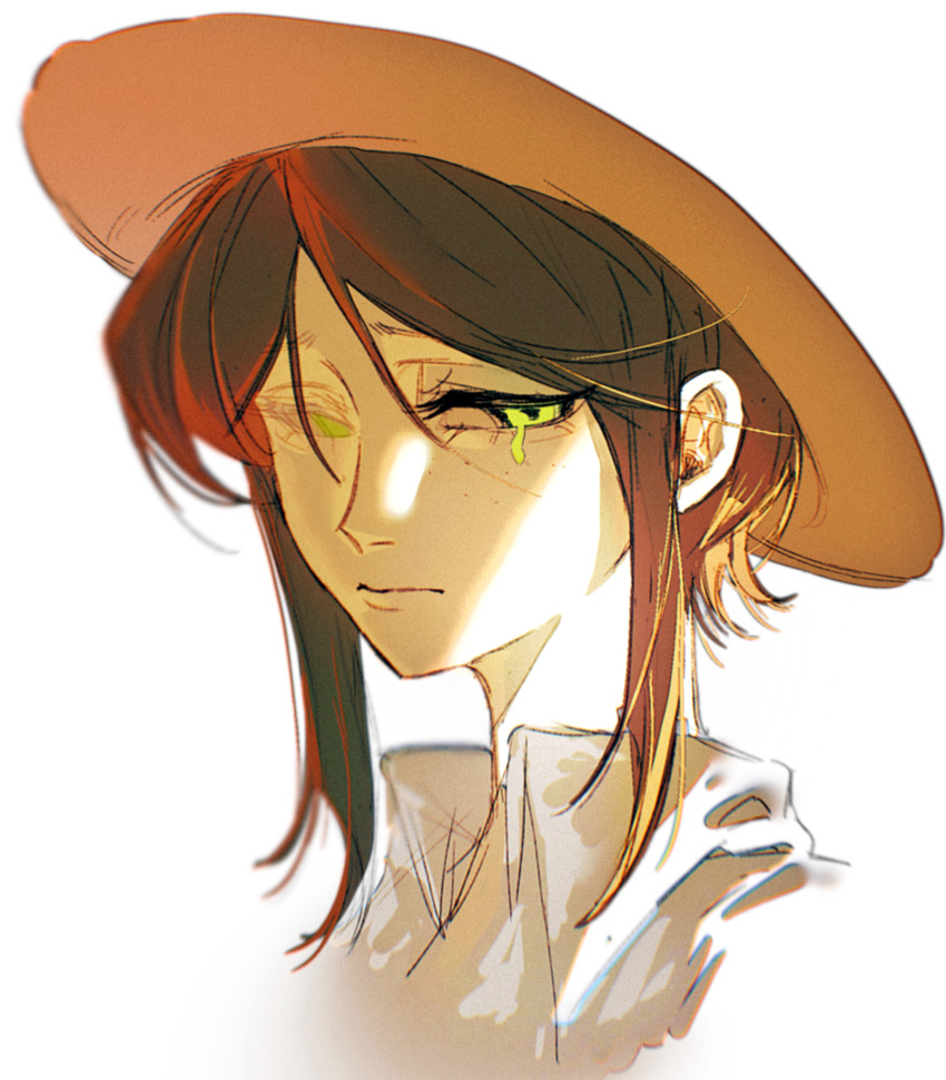 1girl beijingban18388 brown_hair chinese_commentary chromatic_aberration closed_mouth collared_shirt commentary_request cropped_shoulders emma_woods film_grain freckles green_eyes hat highres identity_v parted_bangs shirt short_hair_with_long_locks sidelocks simple_background single_tear solo white_background white_shirt