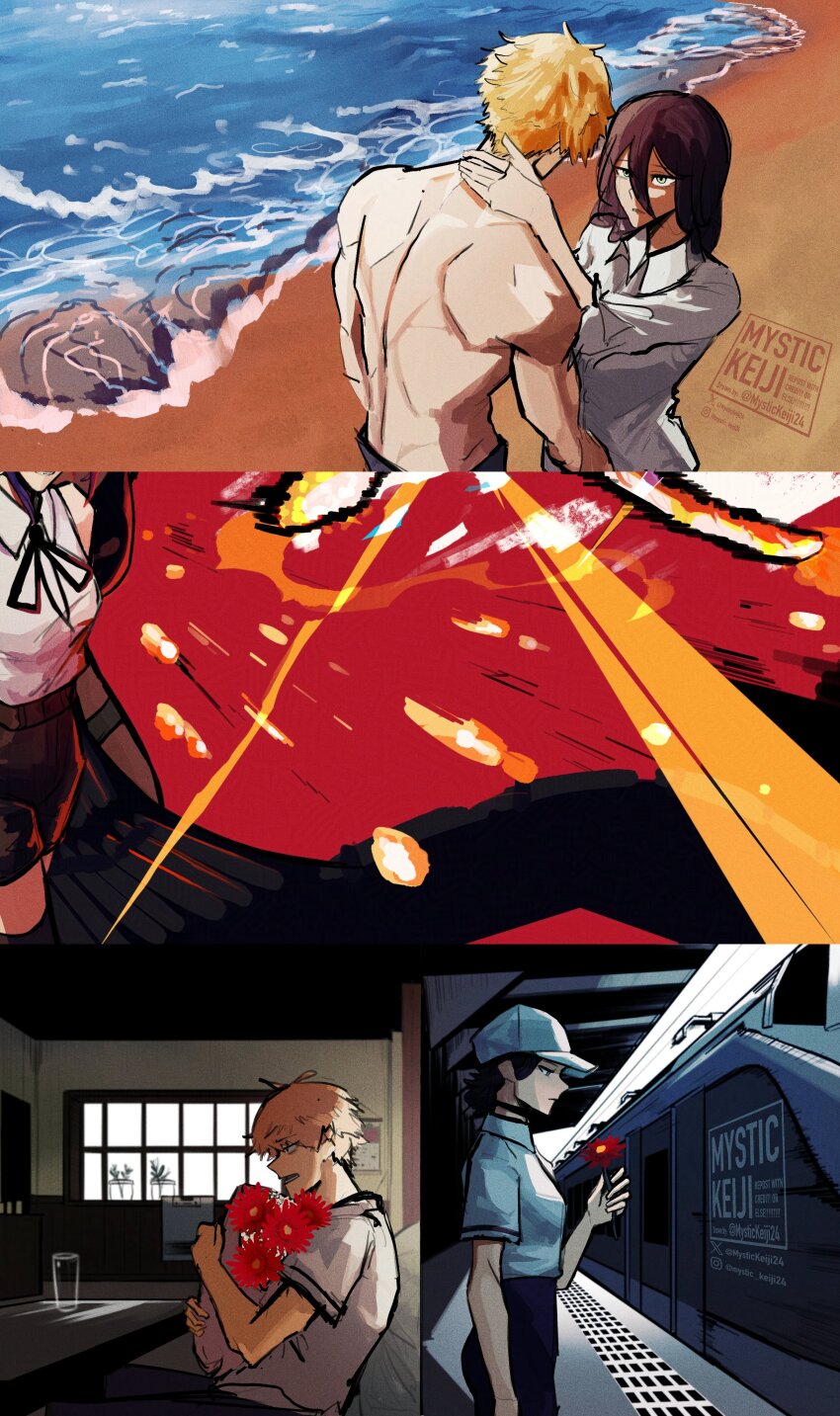 1boy 1girl absurdres baseball_cap beach black_choker black_hair black_ribbon black_shorts blonde_hair bomb_devil_(chainsaw_man) bouquet chainsaw_man choker collared_shirt denji_(chainsaw_man) dynamite explosive flower green_eyes hair_between_eyes hat highres holding holding_bouquet holding_flower indoors long_hair mystickeiji24 neck_ribbon ocean purple_hair red_flower reze_(chainsaw_man) ribbon sand shirt shirt_tucked_in short_hair shorts sitting table train white_shirt window