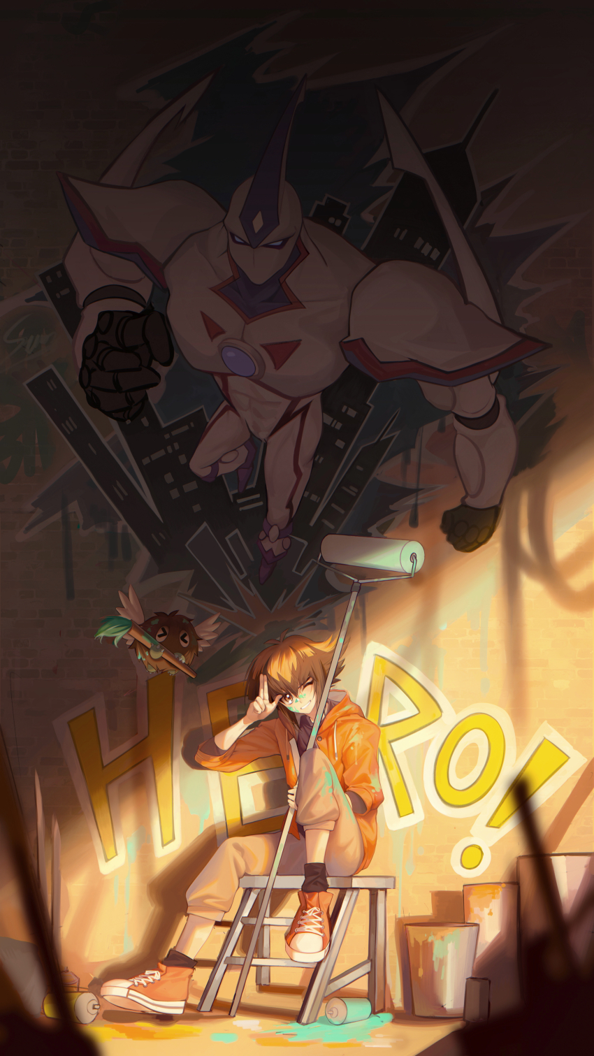 &gt;_&lt; 1boy absurdres black_shirt brown_eyes building ditto_(specular) duel_academy_uniform_(yu-gi-oh!_gx) elemental_hero_neos hair_between_eyes highres jacket male_focus multicolored_hair paint_can paint_on_clothes paint_splatter paint_splatter_on_face paintbrush red_jacket shirt short_hair skyscraper two-tone_hair winged_kuriboh yu-gi-oh! yu-gi-oh!_gx yuki_judai