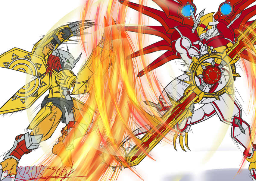 claw_(weapon) claw_pose claws digimon digimon_(creature) dinosaur dinosaur_tail errork03 fighting gauntlets highres holding holding_sword holding_weapon mecha robot shinegreymon signature sword tail wargreymon weapon white_background