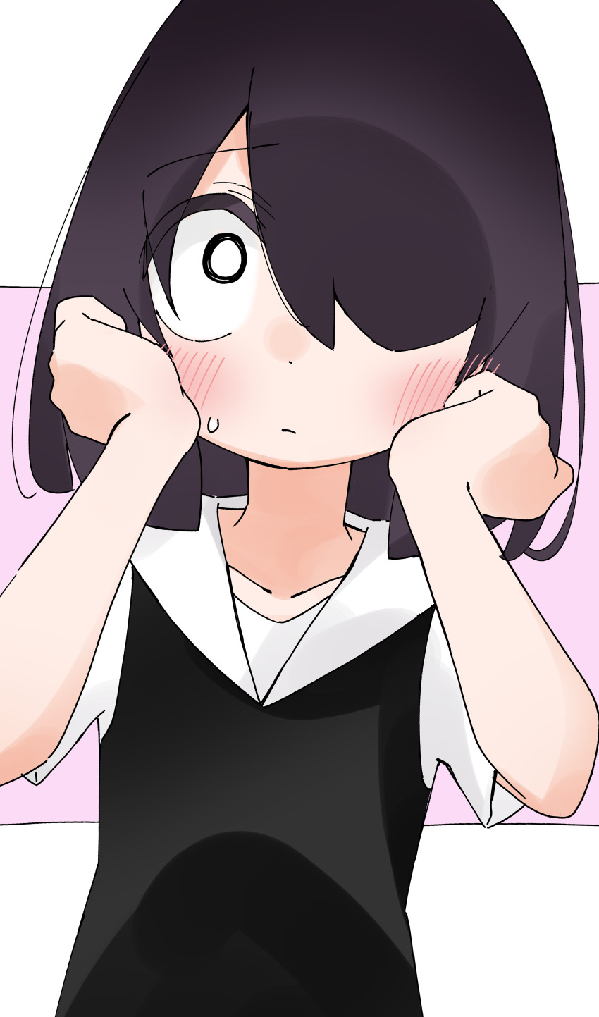 1girl absurdres black_dress black_hair dress hair_over_one_eye highres jijou_wo_shiranai_tenkousei_ga_guigui_kuru. kawamura_taku medium_hair nishimura_akane shirt solo white_eyes white_shirt