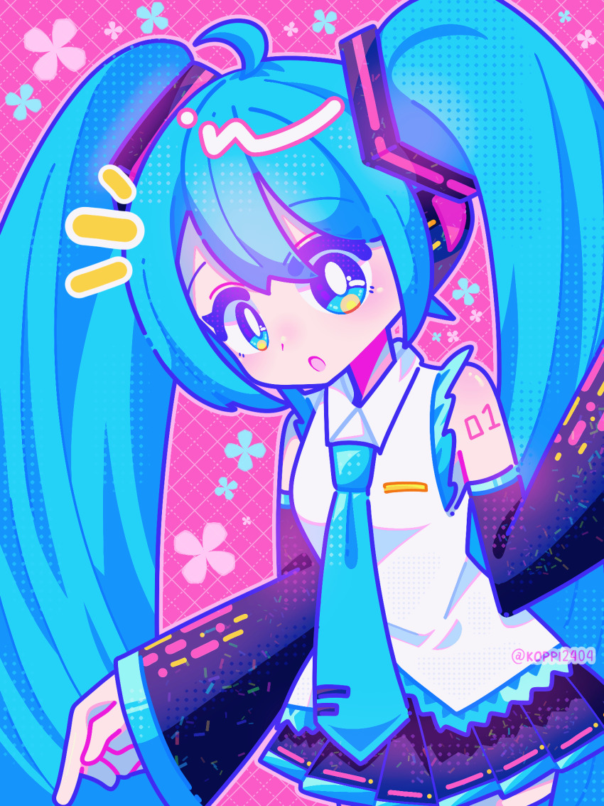 ahoge aqua_hair aqua_necktie artist_name detached_sleeves floral_background hair_between_eyes halftone hatsune_miku highres ibispaint_(medium) koppi2404 long_hair multicolored_eyes necktie notice_lines number_tattoo pink_background pointing pop_art shirt tattoo thigh_peek twintails upper_body very_long_hair vocaloid white_shirt