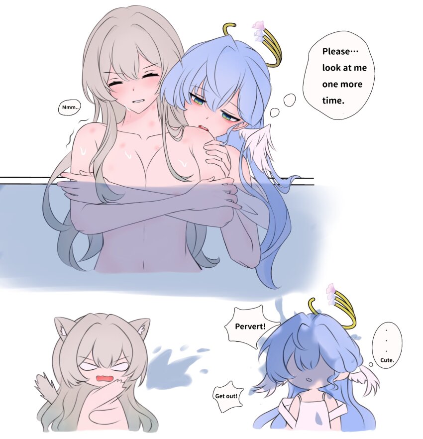 2girls animal_ears biting blue_hair blush breasts cat_ears cat_tail cleavage closed_eyes completely_nude covering_breasts covering_privates firefly_(honkai:_star_rail) gradient_hair green_eyes grey_hair hair_between_eyes hair_intakes halo head_wings highres honkai:_star_rail honkai_(series) in_water large_breasts long_hair multicolored_hair multiple_girls nude open_mouth robin_(honkai:_star_rail) speech_bubble splashing tail teeth thought_bubble wet wings yellow_halo yuuncx