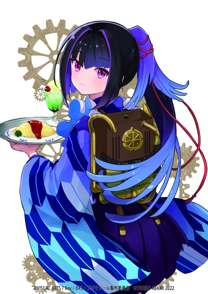 1girl absurdres asami_yuriko black_hair copyright_notice food from_behind gradient_clothes gradient_hair gradient_kimono highres holding holding_tray japanese_clothes karasuba_(prima_doll) kimono looking_at_viewer looking_back multicolored_hair official_art omelet omurice parfait plate ponytail prima_doll purple_eyes purple_hair purple_kimono smile solo squatting streaked_hair tray wide_sleeves