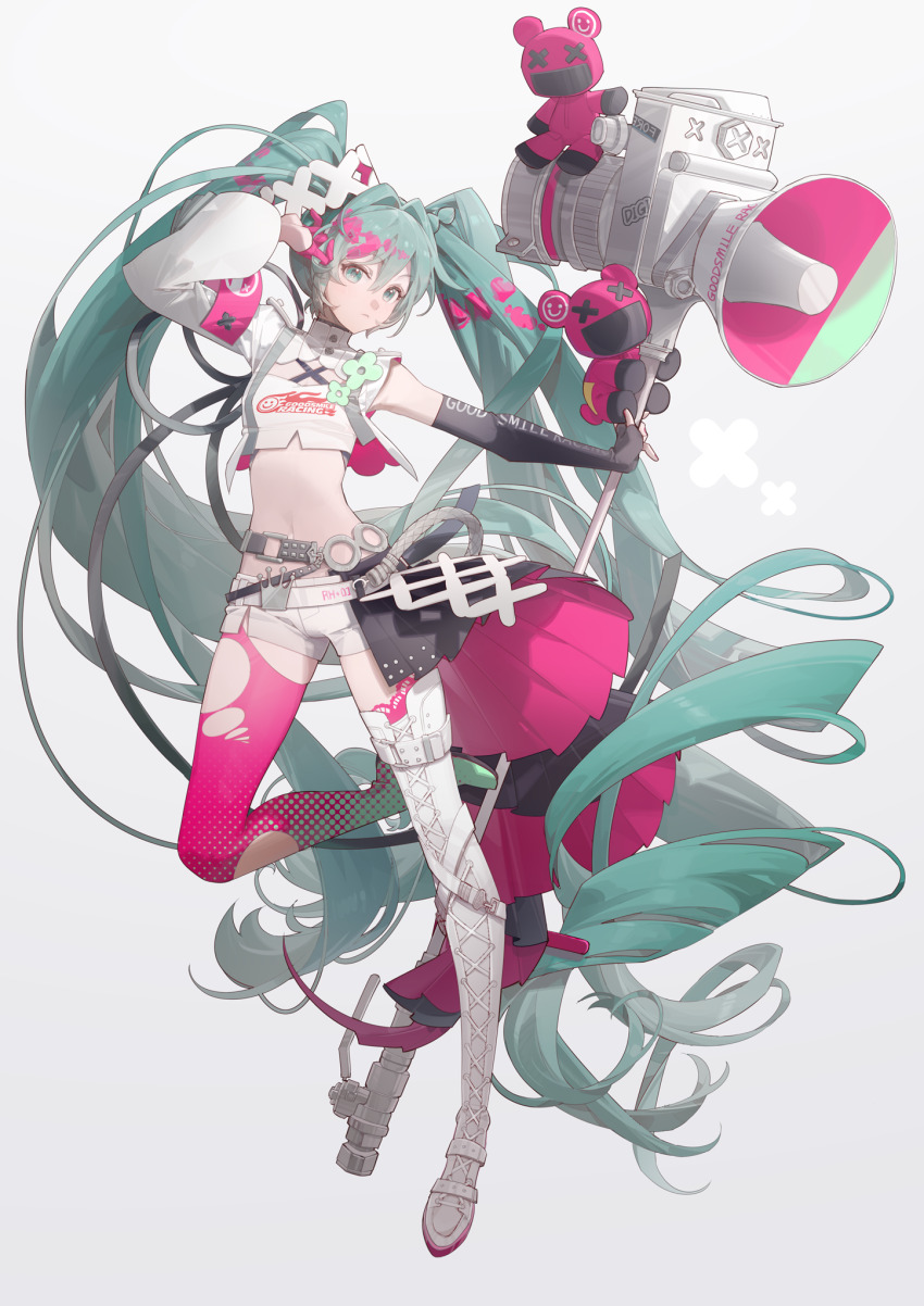 1girl aqua_eyes aqua_hair asymmetrical_clothes asymmetrical_footwear asymmetrical_gloves asymmetrical_sleeves black_gloves boots crown_belt_buckle elbow_gloves fingerless_gloves full_body gloves goodsmile_racing hair_intakes half-skirt half_gloves hatsune_miku highres holding holding_megaphone lace-up_boots leg_up long_hair megaphone midriff mismatched_footwear mismatched_gloves navel pink_gloves pleated_skirt racing_miku racing_miku_(2025) short_shorts shorts shuno_(xiaonuo) simple_background skirt solo torn_clothes very_long_hair vocaloid white_background white_boots white_shorts