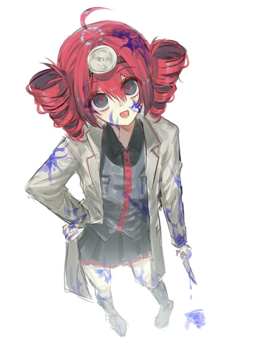1girl ahoge ambiguous_blue_liquid arm_at_side black_boots black_eyes black_skirt boots breast_pocket buttons coat collared_shirt drill_hair from_above hair_between_eyes hand_on_own_hip head_mirror highres igaku_(utau) kasane_teto kasane_teto_(utau) knife long_hair looking_at_viewer miniskirt open_clothes open_coat pocket red_hair red_pupils shirt simple_background skirt skirt_set solo twin_drills white_background white_coat wing_collar wooi2783