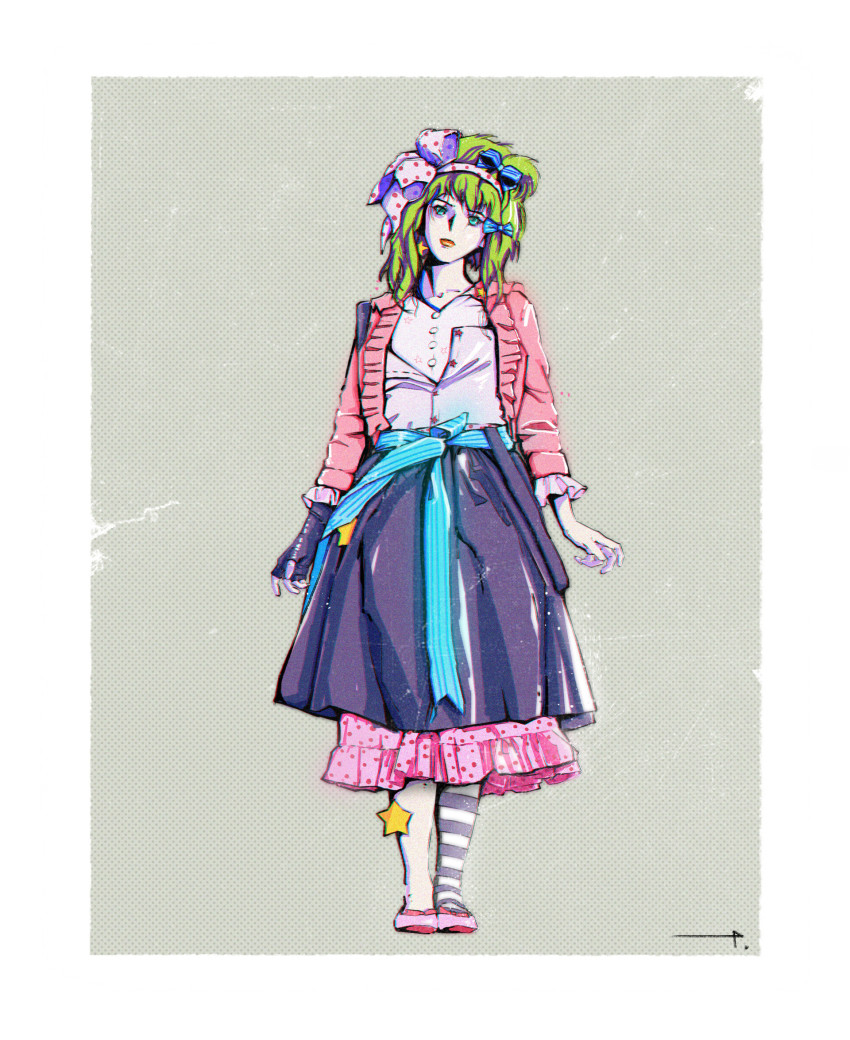 1980s_(style) 1girl android blue_eyes collarbone dress female_focus green_hair hair_ornament highres lips long_hair oldschool original presence retro_artstyle robot_carnival sergey_orlov solo umetsu_yasuomi