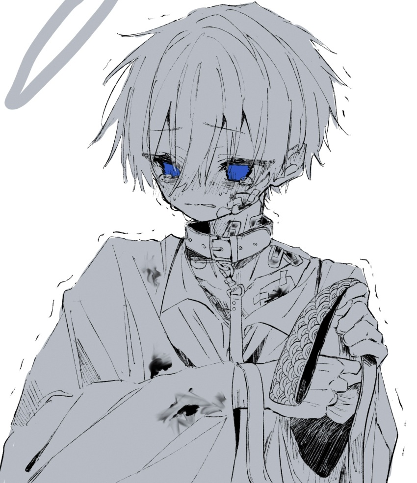 1boy bandaged_wrist bandaged_wrists bandages bandaid bandaid_on_cheek bandaid_on_face bandaid_on_neck blood blood_on_clothes blue_eyes bruise bruise_on_face bruise_on_neck collar collared_shirt facing_viewer hair_between_eyes halo hands_up highres holding holding_leash injury leash long_sleeves looking_away looking_to_the_side male_focus monochrome original parted_lips piyopiyomaru_(piyopiyomaru_0) scared shaking shiro_(piyopiyomaru_(piyopiyomaru_0) shirt short_hair solo sweat sweatdrop tearing_up trembling