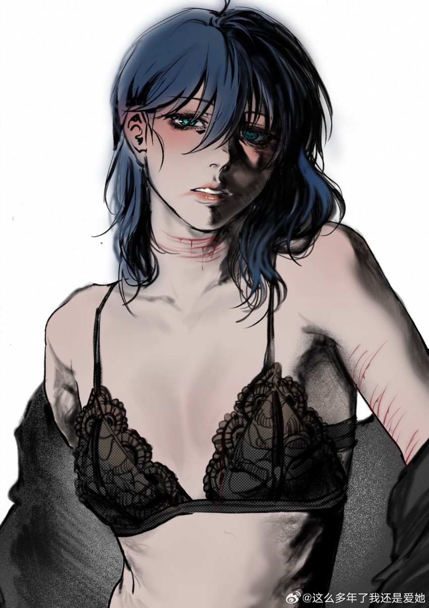 1girl absurdres aqua_eyes black_bra black_jacket blood blue_hair borderline7839 bra chinese_commentary commentary_request cuts flat_chest highres injury jacket medium_hair parted_lips self-harm_scar shi_wan_ge_leng_xiaohua solo underwear watermark weibo_watermark