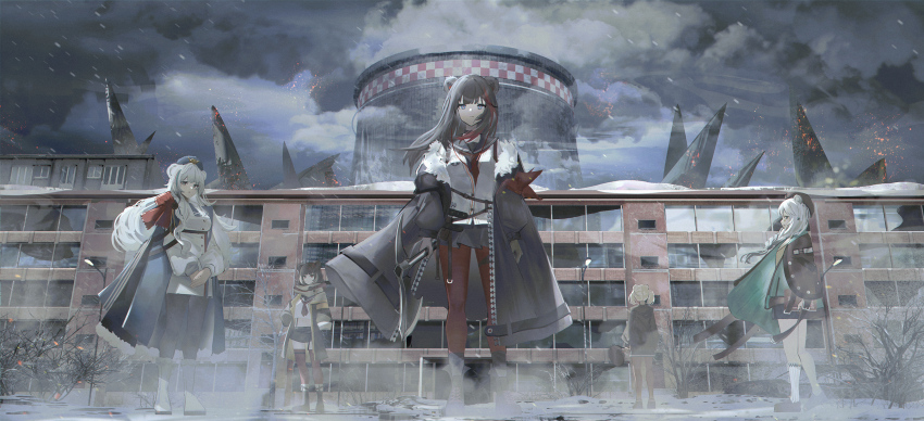 1girl 5girls absurdres animal_ears aqua_jacket arknights axe battle_axe bear_ears bear_girl black_coat black_pantyhose black_skirt blue_eyes book boots braid breasts brown_hair building buttons closed_mouth cloud cloudy_sky coat commentary cross-laced_footwear dead_plants dress english_commentary full_body fur-trimmed_coat fur_trim geki_dan gummy_(arknights) hashtag-only_commentary highres holding holding_axe holding_book holding_weapon istina_(arknights) jacket lamppost large_breasts leto_(arknights) long_hair looking_at_viewer microskirt miniskirt monocle multicolored_hair multiple_girls off_shoulder outdoors pantyhose parted_lips pleated_skirt profile red_pantyhose red_pupils red_thighhighs rosa_(arknights) scenery shirt short_dress skirt sky small_breasts snow socks streaked_hair thighhighs weapon white_dress white_footwear white_shirt white_socks window zima_(arknights)