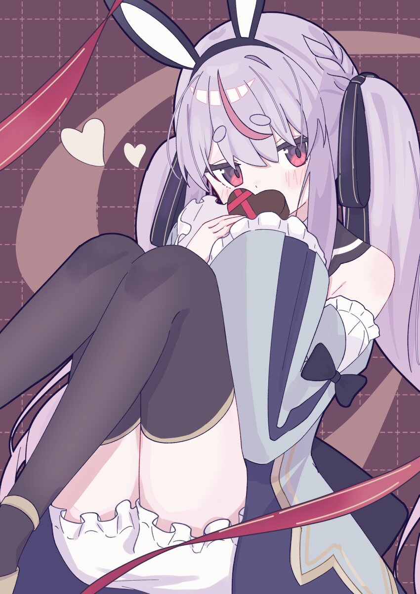 1girl absurdres animal_ear_hairband animal_ears black_thighhighs blush braid candy cattleya_regina_games chocolate chocolate_heart covering_own_mouth detached_sleeves dress fake_animal_ears food grid_background hair_ribbon hairband heart heart-shaped_food highres knees_up looking_at_viewer multicolored_hair puffy_shorts purple_hair rabbit_ears red_eyes ribbon shimoyake_(lethal_penguin) shorts sleeveless sleeveless_dress solo streaked_hair thick_eyebrows thighhighs tosaki_mimi tosaki_mimi_(2nd_costume) twintails valentine virtual_youtuber vspo!