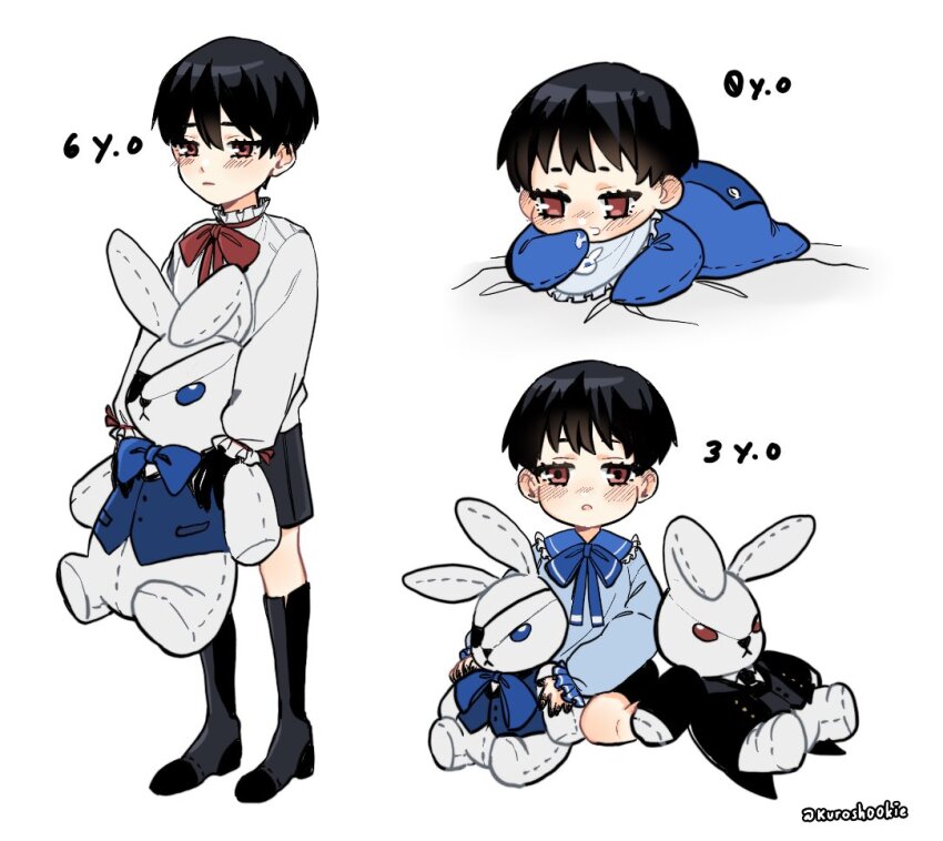 1boy age_progression baby bib black_hair blush character_doll child ciel_phantomhive eyelashes kurosh00kie kuroshitsuji onesie ouji_fashion red_eyes sebastian_michaelis solo stuffed_animal stuffed_rabbit stuffed_toy theo_(kurosh00kie)