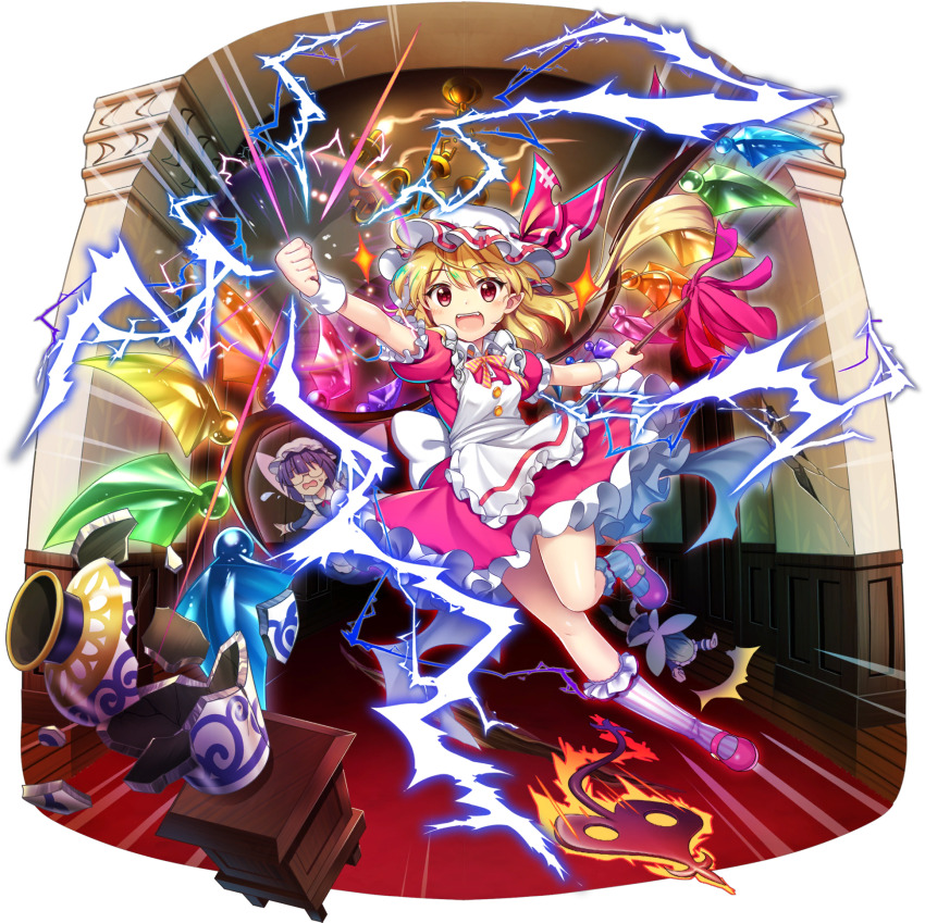 3girls :d alternate_costume apron back_bow blonde_hair bow bowtie broken broken_vase chandelier clenched_hand crystal dress duster fairy fairy_maid_(touhou) fairy_wings flandre_scarlet flandre_scarlet_(devilish_helper) frilled_dress frills full_body game_cg glasses hat hat_ribbon highres holding holding_duster indoors laevatein_(touhou) leg_up long_hair looking_at_viewer maid maid_apron mob_cap multiple_girls official_art one_side_up open_mouth pink_dress pink_ribbon pink_shoes pointy_ears puffy_short_sleeves puffy_sleeves red_eyes ribbon rotte_(1109) shoes short_sleeves smile socks striped_clothes striped_socks sweatdrop teeth third-party_source touhou touhou_lostword transparent_background upper_teeth_only vase vertical-striped_clothes vertical-striped_socks white_apron white_bow white_hat white_socks wings wrist_cuffs