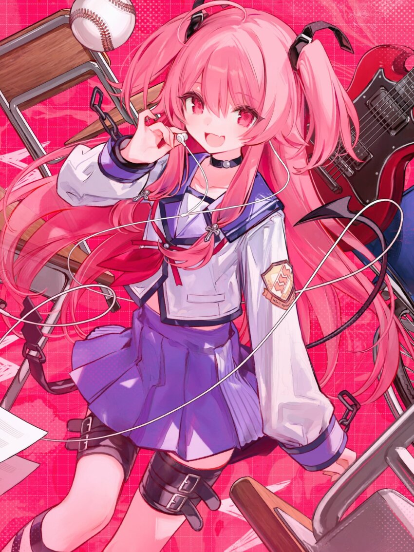 1girl :d angel_beats! baseball black_choker black_tail blue_skirt buckle chocoan choker collarbone commentary_request dot_nose earbuds earphones fang feet_out_of_frame guitar hair_between_eyes hand_up highres holding instrument long_hair long_sleeves looking_at_viewer midriff_peek miniskirt open_mouth pink_background pink_eyes pink_hair pleated_skirt shirt skin_fang skirt smile solo two_side_up very_long_hair white_shirt yui_(angel_beats!)