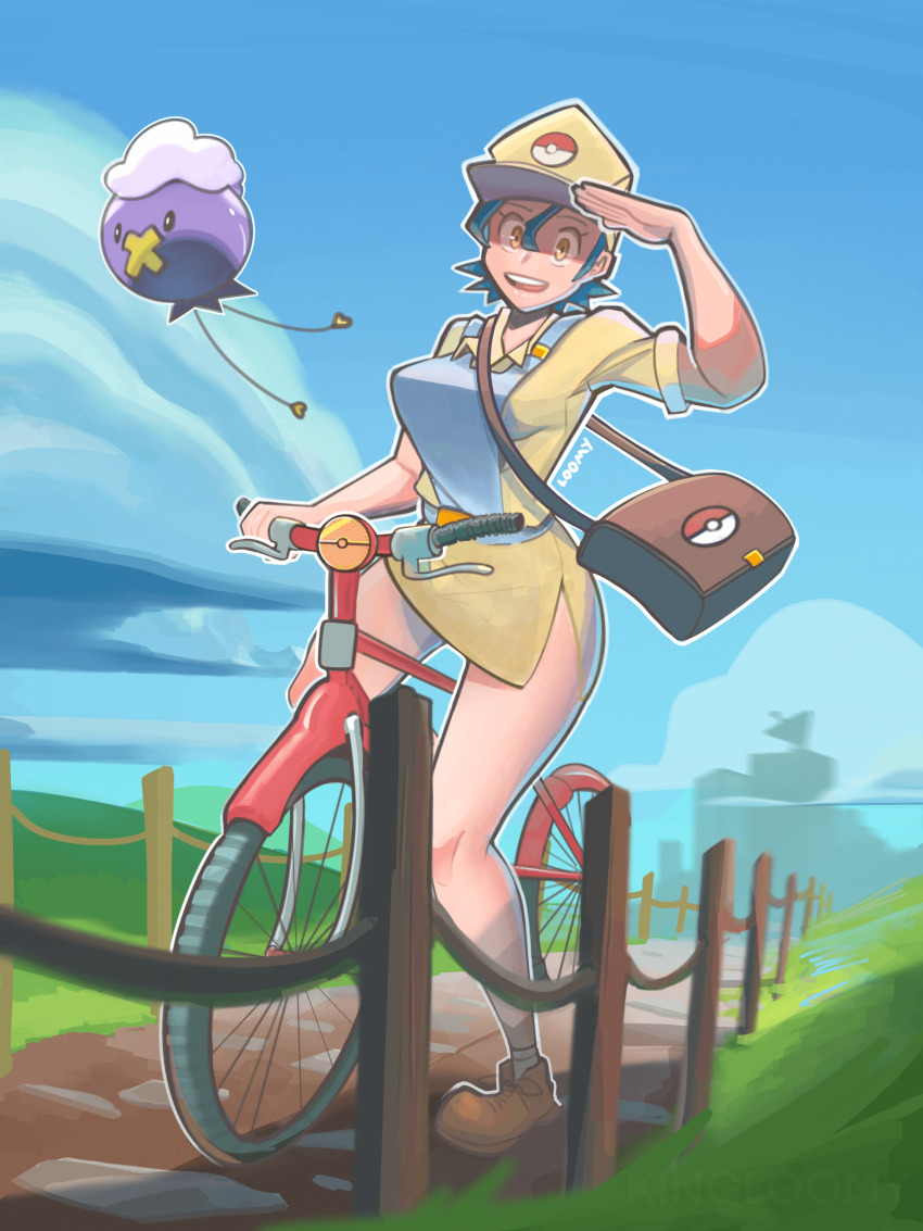 1girl absurdres alternate_costume alternate_universe antennae bag bicycle cap drifloon fence gen_4_pokemon grasslands green_hair highres jenny_(pokemon) loomy mailman nintendo orange_eyes poke_ball_print pokemon road salute sky
