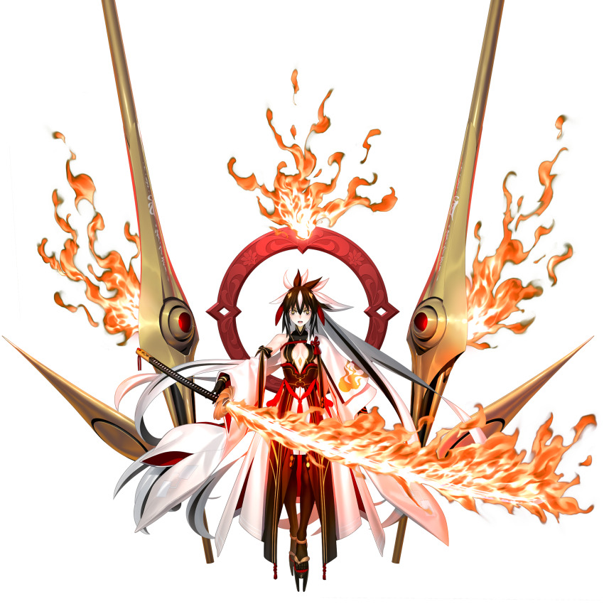 1girl armor black_armor black_gloves black_hair breasts chopsticks detached_sleeves fate/grand_order fate_(series) fire flaming_sword flaming_weapon floating floating_object gloves green_eyes hair_between_eyes highres holding holding_sword holding_weapon japanese_armor katana long_hair looking_at_viewer multicolored_hair nagao_kagetora_(fate) official_alternate_costume official_alternate_hairstyle official_art open_mouth solo streaked_hair sword takeuchi_takashi third-party_source transparent_background two-tone_hair uesugi_kenshin_(fate) uesugi_kenshin_(third_ascension)_(fate) variant_set very_long_hair weapon white_hair