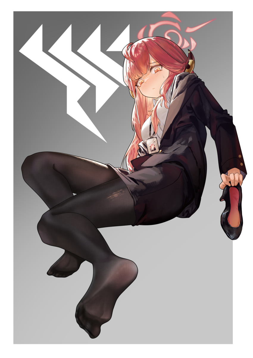 aircctzillie aru_(blue_archive) black_pantyhose black_skirt blue_archive brown_horns feet halo highres holding holding_shoes horns id_card no_shoes office_lady pantyhose pencil_skirt pink_hair pink_halo shoes skirt torn_clothes torn_pantyhose