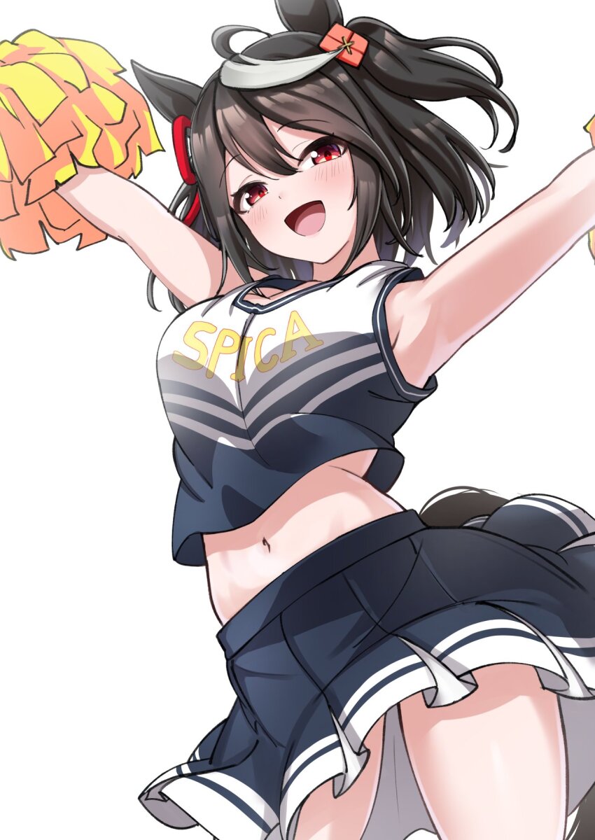 1girl :d ahoge animal_ears black_hair bob_cut breasts cheerleader crop_top flower_ornament hair_between_eyes herohero_(higashi_no_dou) highres holding holding_pom_poms horse_ears horse_girl kitasan_black_(umamusume) looking_at_viewer medium_breasts midriff multicolored_hair navel official_alternate_costume open_mouth pom_pom_(cheerleading) pom_poms red_eyes red_ribbon ribbon short_hair simple_background smile solo streaked_hair two-tone_hair umamusume umamusume_(anime) white_background white_hair