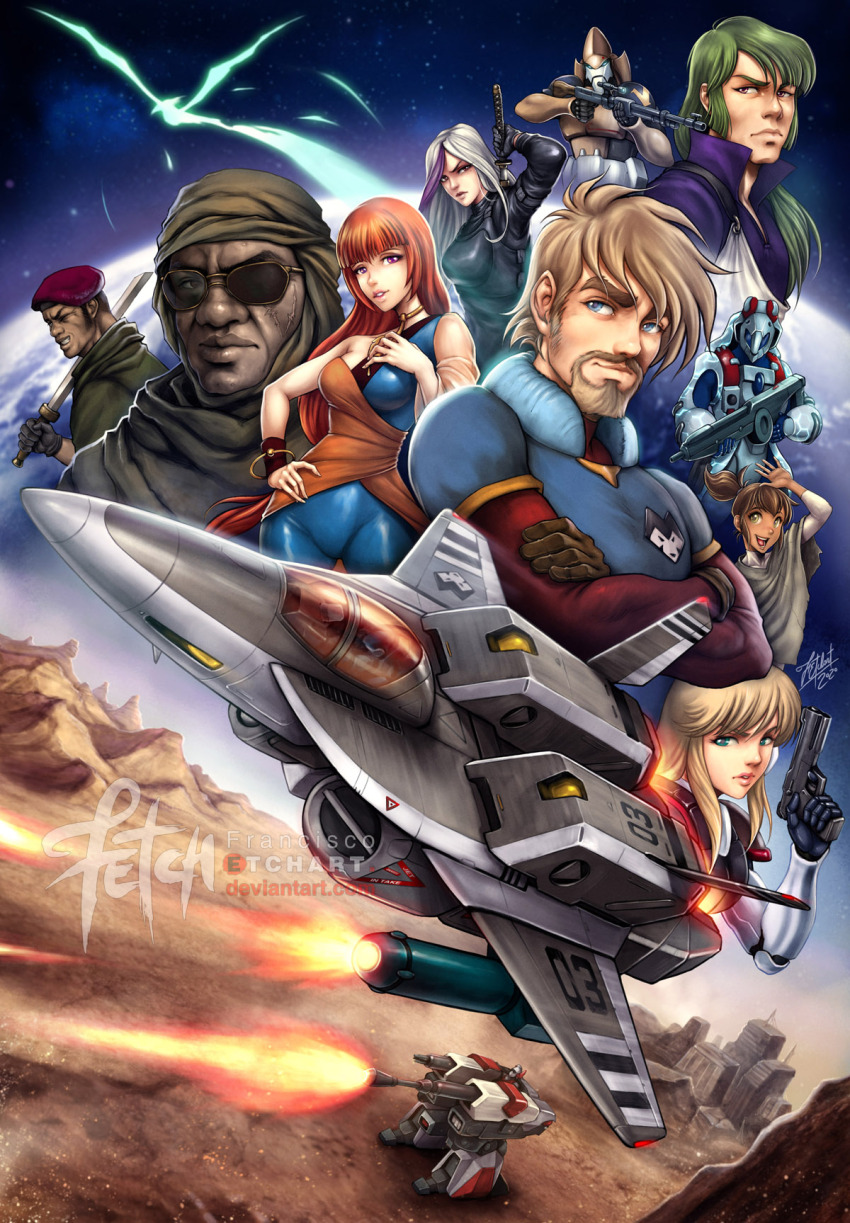 4girls 6+boys alien angry arming_doublet_(southern_cross) armor atac beam_rifle beard beret bioroid building cannon character_request choujikuu_kidan_southern_cross commentary crossover damaged desert dirty dutch_angle energy energy_gun english_commentary facial_hair firing flying franciscoetchart gerwalk gun gunpod handgun hat highres inbit katana kikou_souseiki_mospeada legioss mecha military military_uniform mospeada multiple_boys multiple_girls official_art refless robot robotech ruins science_fiction signature spartas sword veritech vest walker_(robot) weapon zor