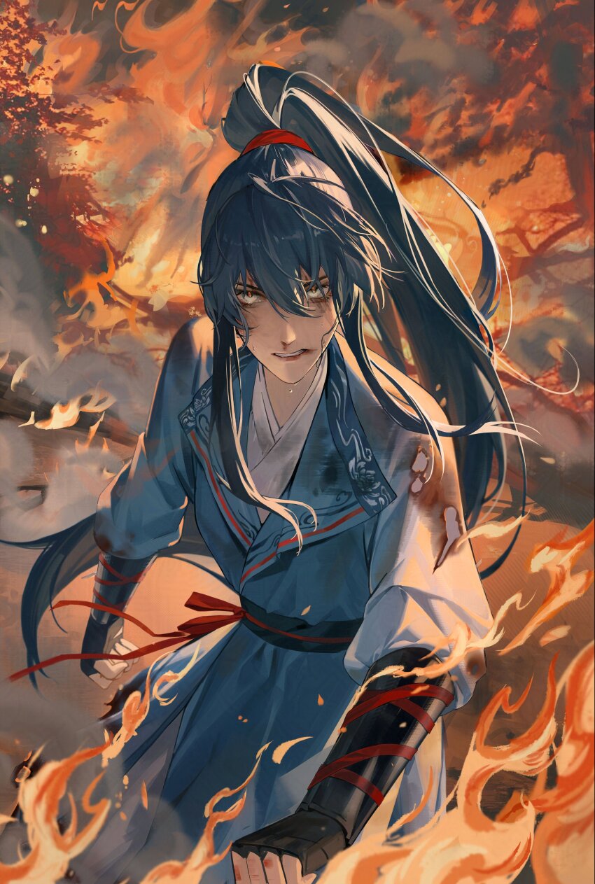 1girl absurdres black_hair chinese_clothes clenched_teeth cowboy_shot fire high_ponytail highres houraisan_chouko looking_at_viewer path_to_nowhere ponytail rahu_(path_to_nowhere) solo standing teeth