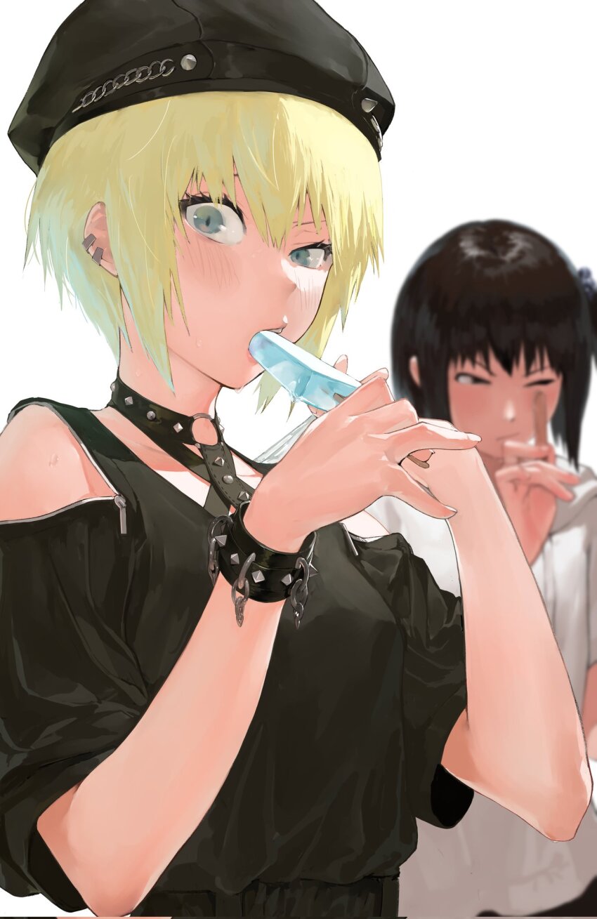 2girls arashiyama_hotori beret black_hair black_hat blonde_hair blue_eyes blurry blurry_background blush bob_cut bracelet clothing_cutout earclip eating food frog243 hat highres jewelry kon_futaba looking_at_viewer multiple_girls o-ring one_eye_closed popsicle popsicle_stick short_sleeves shoulder_cutout side_ponytail simple_background soredemo_machi_wa_mawatteiru spiked_bracelet spikes uneven_eyes white_background zipper