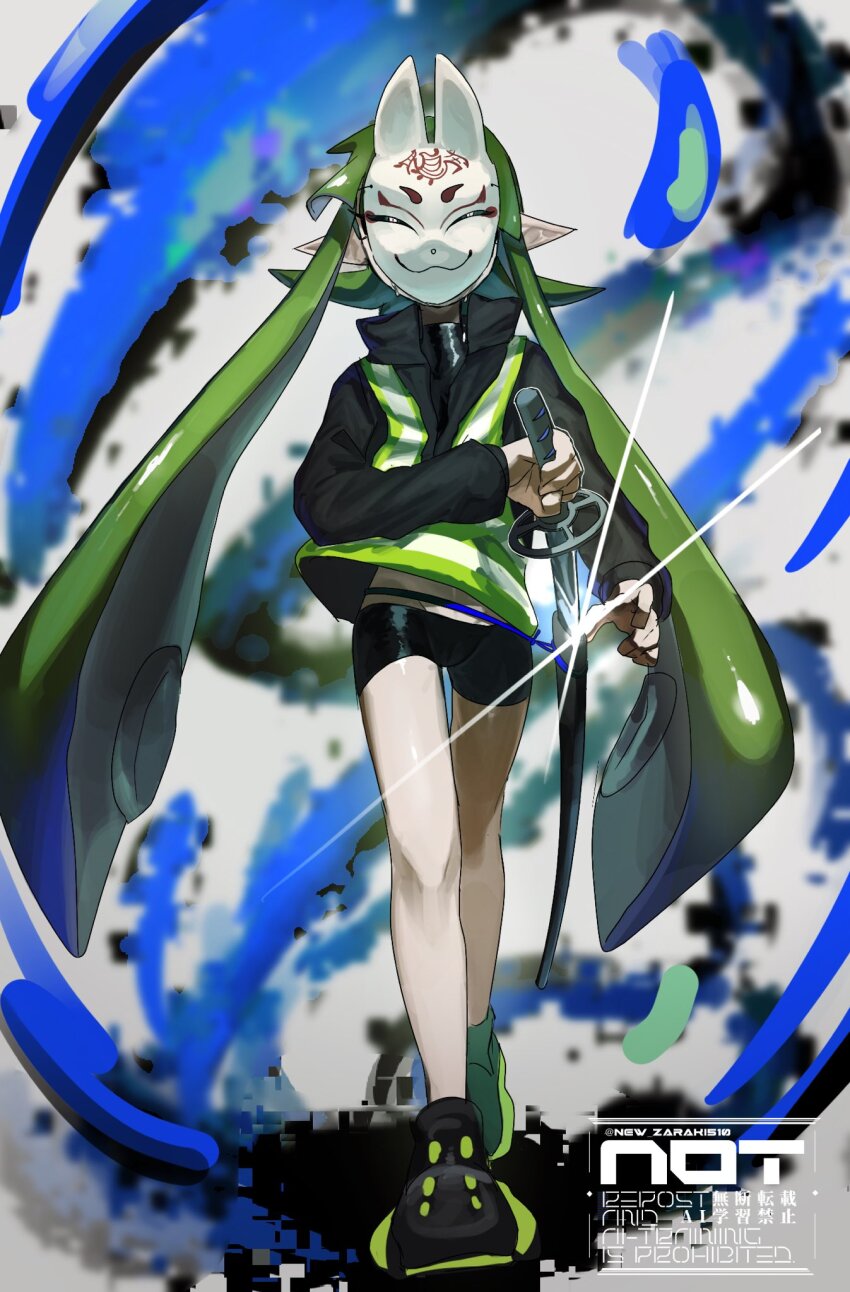 1girl artist_name bike_shorts black_jacket black_shorts full_body glint green_hair high-visibility_clothing high-visibility_vest highres holding holding_sword holding_weapon inkling inkling_girl inkling_player_character jacket long_hair mask nintendo pointy_ears short_shorts shorts solo splatoon_(series) splatoon_3 suu_(new_zaraki510) sword tentacle_hair twitter_username very_long_hair walking walking_towards_viewer watermark weapon white_mask
