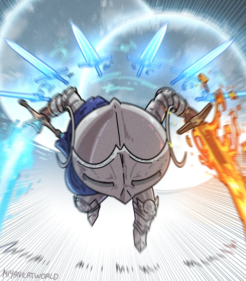 1girl armor artist_name commentary dual_wielding elden_ring elden_ring:_shadow_of_the_erdtree english_commentary fake_horns fire flaming_weapon floating_object floating_sword floating_weapon full_armor gauntlets glowing glowing_sword glowing_weapon greaves helm helmet highres holding holding_sword holding_weapon horned_helmet horns knight miyan_(oceanmaiden) motion_blur motion_lines rellana_twin_moon_knight solo sword weapon