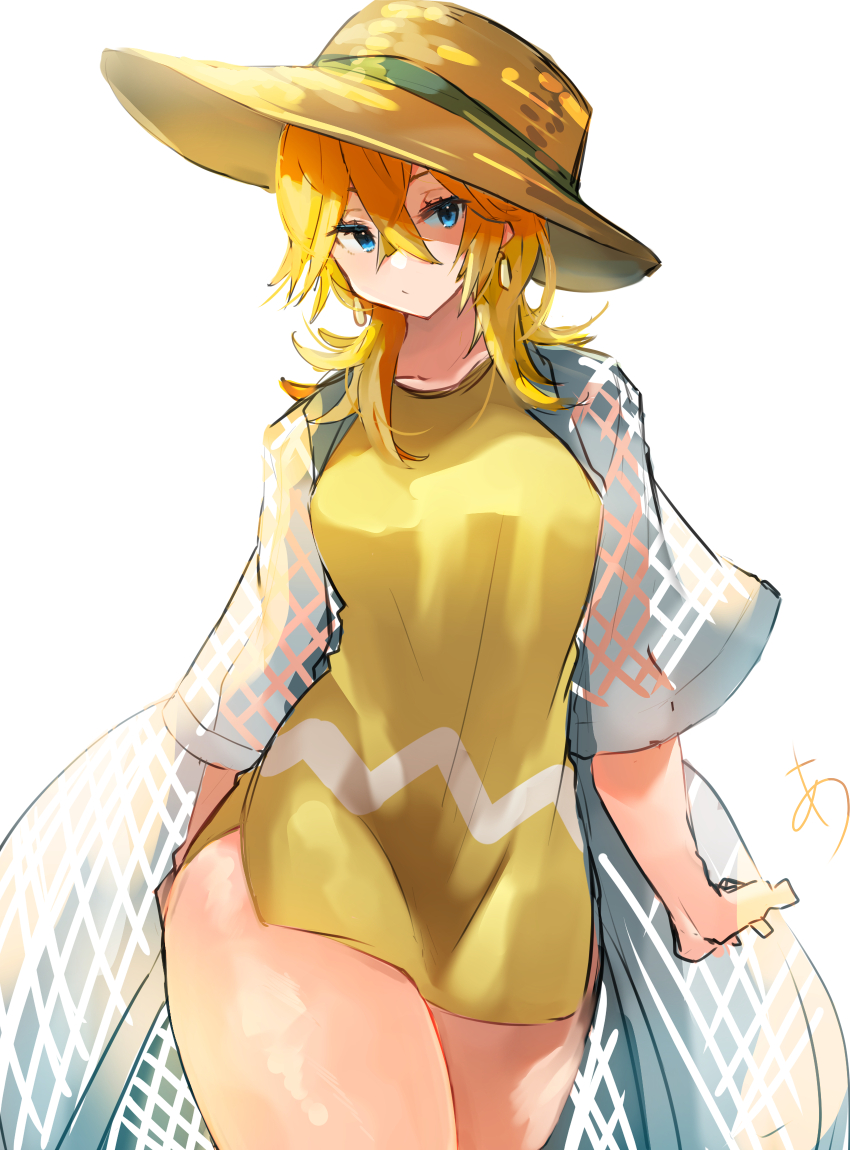 1girl blonde_hair blue_eyes breasts coat cowboy_shot dress earrings hair_between_eyes hat highres jewelry kantai_collection long_hair looking_at_viewer official_alternate_costume open_clothes open_coat short_dress simple_background solo sun_hat sunday_aki thighs tuscaloosa_(kancolle) tuscaloosa_(sasebo)_(kancolle) white_background yellow_dress
