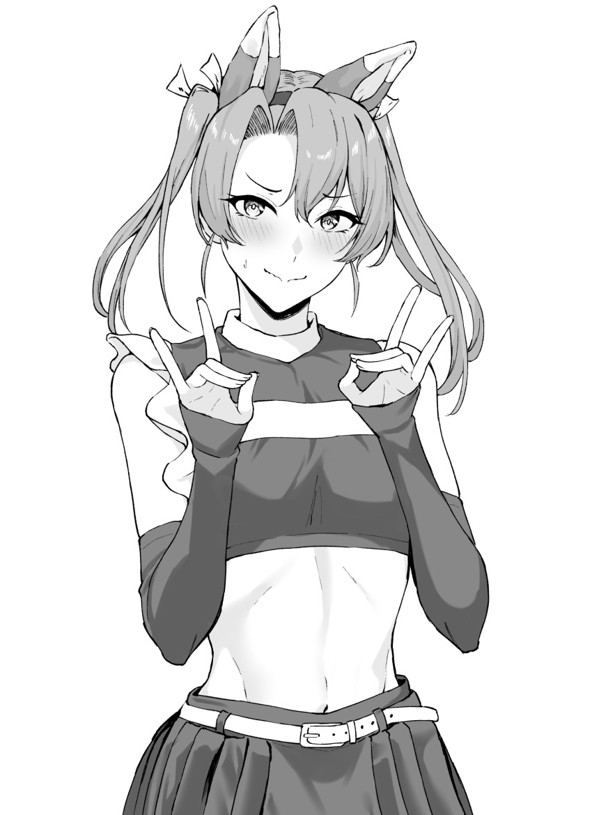 1girl alternate_costume animal_ears asymmetrical_bangs belt closed_mouth commentary_request crop_top detached_sleeves double_fox_shadow_puppet embarrassed fake_animal_ears fox_ears fox_shadow_puppet greyscale highres hokkaido_nippon-ham_fighters kantai_collection long_hair looking_at_viewer midriff monochrome nippon_professional_baseball pleated_skirt skirt smile solo takaman_(gaffe) twintails white_background zuikaku_(cheerleader)_(kancolle) zuikaku_(kancolle)