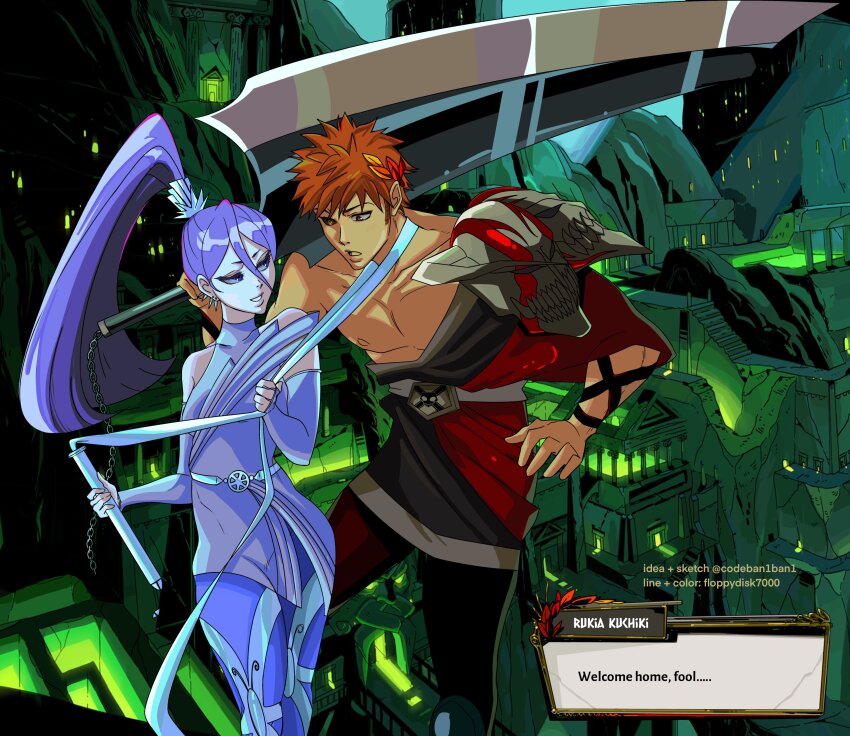 1girl absurdres ancient_greek_clothes artist_collaboration ban1-ban1 black_hair black_sclera bleach colored_sclera cosplay curtained_hair english_text floppydisk7000 greco-roman_clothes hades_(series) heterochromia highres kuchiki_rukia kurosaki_ichigo megaera_(hades) megaera_(hades)_(cosplay) mismatched_sclera orange_hair ponytail single_bare_shoulder skull whip zagreus_(hades) zagreus_(hades)_(cosplay) zangetsu_(shikai)